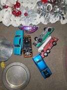3 Boxes, Picture Frames, Figurines, Table Covers, Cookie Jar, Hot Wheels, Sign,  And Decor