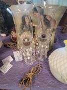 Vintage Etched Glass Hurricane Lamps With Crystal Prisms.