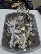 Tote Bucket of Assorted Silverware, Some Stainless, Some Old Company Plate