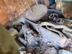 Small Block Chevy (Believed to be 327), Contents Only of Two Shelves of Assorted Engine Parts and One Shelf with Oil Pan