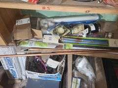 4 Plastic Shelving Sections, Headlights, PVC Pipe, Copper Pipe, And Ballcocks