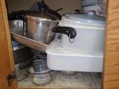 Contents Of 5 Lower Cabinets, Plasticware, Pots, Pans, Bakeware, And Kettle