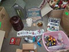 3 Boxes, Picture Frames, Figurines, Table Covers, Cookie Jar, Hot Wheels, Sign,  And Decor