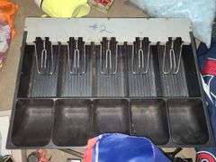 2 Boxes Of Office Supplies, Shelf Liner, Size 6 Crocs, Cash Drawer, Shower Curtain, And Painted Saw Blades