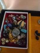 Jewelry Box, Dresser Boxes W/ Costume Jewelry, Pins, Necklaces, Earrings