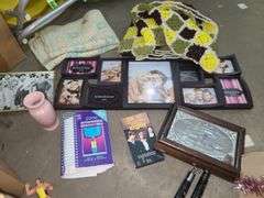 3 Boxes, Picture Frames, Figurines, Table Covers, Cookie Jar, Hot Wheels, Sign,  And Decor