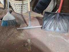 Mailboxes, Shovel, Broom, Squeegee, And Partial Bottles Of Wood Finish