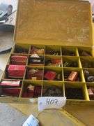 Metal Boxes Containing Bulbs and Ignition Points and an Assortment of Glass Fuses and Shop Hardware