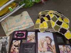 3 Boxes, Picture Frames, Figurines, Table Covers, Cookie Jar, Hot Wheels, Sign,  And Decor