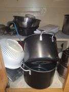 Contents Of 5 Lower Cabinets, Plasticware, Pots, Pans, Bakeware, And Kettle