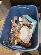 Tote Of Plates,Candle Holders, Butter Dish, Stemware