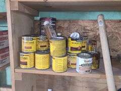 Mailboxes, Shovel, Broom, Squeegee, And Partial Bottles Of Wood Finish