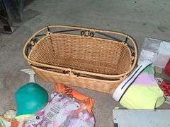 2 Boxes Of Office Supplies, Shelf Liner, Size 6 Crocs, Cash Drawer, Shower Curtain, And Painted Saw Blades