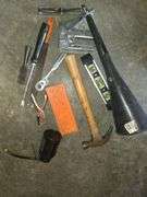 Box of Tools. Level, Oiling Can, Hammer, Pizza Hut Thermos