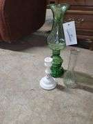 Vintage Green Glass Hurricane Candle Holder, Single Candle Holder & Bud Vase