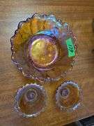 3 Pc. Vtg Iridescent Amber Art Glass Flower Bowl Candy Nut Fruit Dish