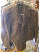 2 Army Uniforms Size 34 L, 2 Shirts Size 14½x32, And 4 Hats (Jackets Have Damage)