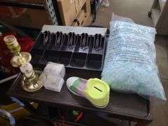 2 Boxes Of Office Supplies, Shelf Liner, Size 6 Crocs, Cash Drawer, Shower Curtain, And Painted Saw Blades