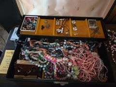 Jewelry Box, Dresser Boxes W/ Costume Jewelry, Pins, Necklaces, Earrings