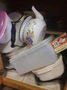 Contents Of 5 Lower Cabinets, Plasticware, Pots, Pans, Bakeware, And Kettle