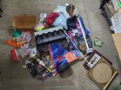 2 Boxes Of Office Supplies, Shelf Liner, Size 6 Crocs, Cash Drawer, Shower Curtain, And Painted Saw Blades