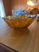 3 Pc. Vtg Iridescent Amber Art Glass Flower Bowl Candy Nut Fruit Dish