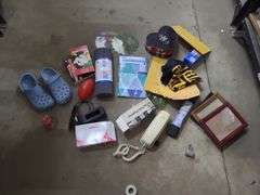 2 Boxes Of Office Supplies, Shelf Liner, Size 6 Crocs, Cash Drawer, Shower Curtain, And Painted Saw Blades