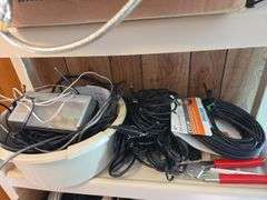 6 Shelf Shelving Unit & Contents, Cables,Extension Cords, Sercurity Cameras