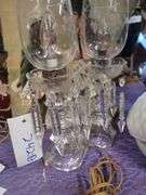 Vintage Etched Glass Hurricane Lamps With Crystal Prisms.