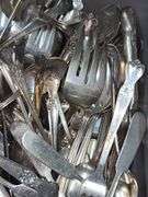 Tote Bucket of Assorted Silverware, Some Stainless, Some Old Company Plate