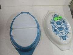 Vintage Pyrex Blue Horizon Oval Divided Casserole Dish With Lid