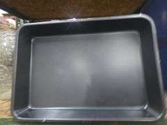 Set of Blue Speckled Enamelware Canisters with Red Lids and Metal Clasp Closures, Speckled Enamelware Metal Baking Pan