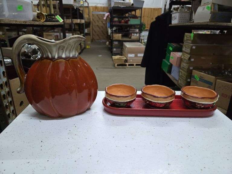 Fall Pitcher & 3 Condiment Dishes On Tray - Baer Auctioneers - Realty, LLC