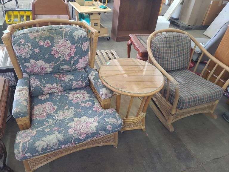 2 Rattan Chair With Cushions And Glass Top Table