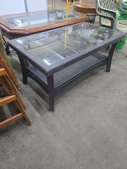 Metal Frame Glass Top Table with Wicker Underneath (Approx. 20" H x 42" L x 24" W)