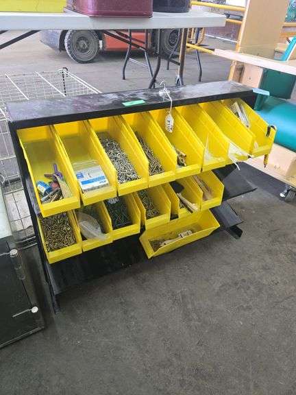 Parts and Hardware Organization Rack and Contents (Approx. 24" H x 31" L With 15 Yellow Containers)