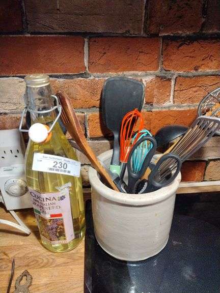 Vintage Crock with Kitchen Utensils & Unopened Bottle of Italian Grape seed Oil