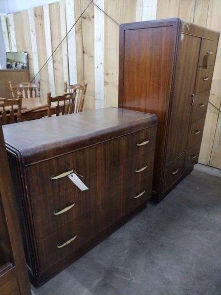 Wooden MCM 3 Drawer Dresser And 6 Drawer Cedar-Lined Wardrobe (Damaged)