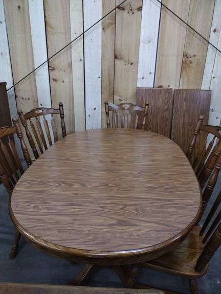 Wooden Dining Table, 2 Leaves, And 5 Chairs