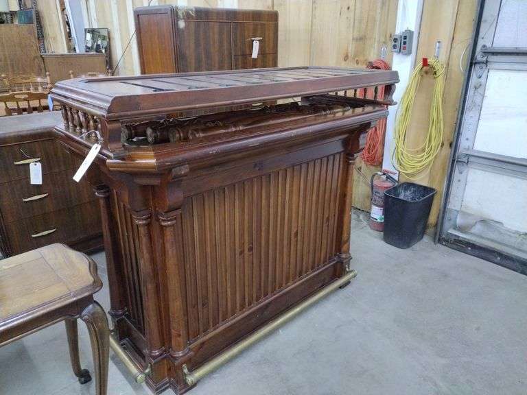 Wood Bar W/ Attaching Glass Storage Rack, Metal Foot Rail.  Bar Approx 60"x42"x23" Glasses Rack Approx 60"x7"x23"