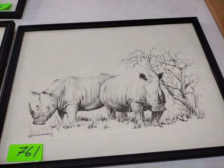 12"x17" Framed Pencil Sketch by GB Cunningham - Rhinosaurus