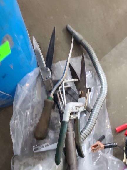Bucket of Garage Tools: Funnels, Window Squeegee, Sheers, and Battery Tester (untested)