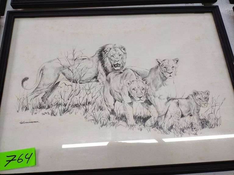 12"x17" Framed Pencil Sketch by GB Cunningham - Pride of Lions