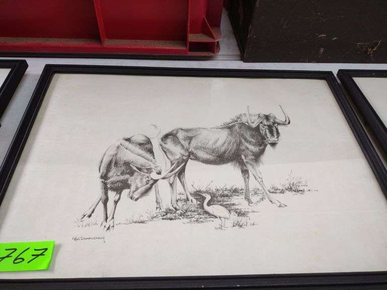 12"x17" Framed Pencil Sketch by GB Cunningham - Wildebeast