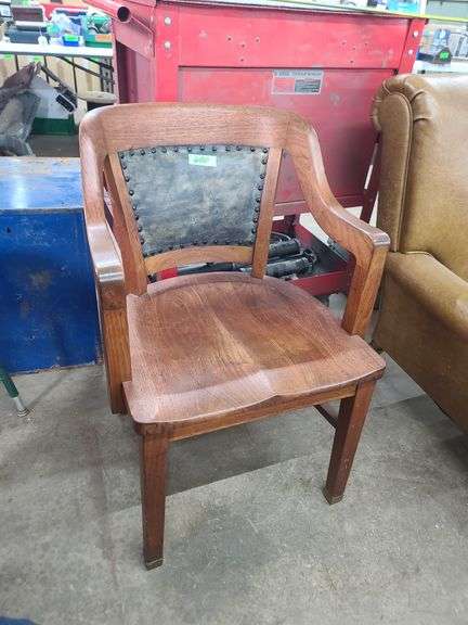 Antique Solid Wood Banker's Chair w/Leather Seat Back