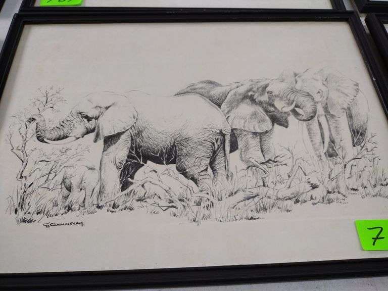 12"x17" Framed Pencil Sketch by GB Cunningham - Herd of Elephants