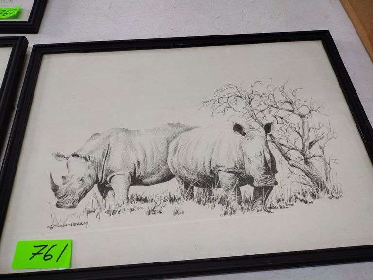 12"x17" Framed Pencil Sketch by GB Cunningham - Rhinosaurus