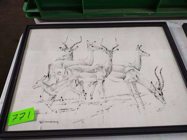 12"x17" Framed Pencil Sketch by GB Cunningham - Impala Herd
