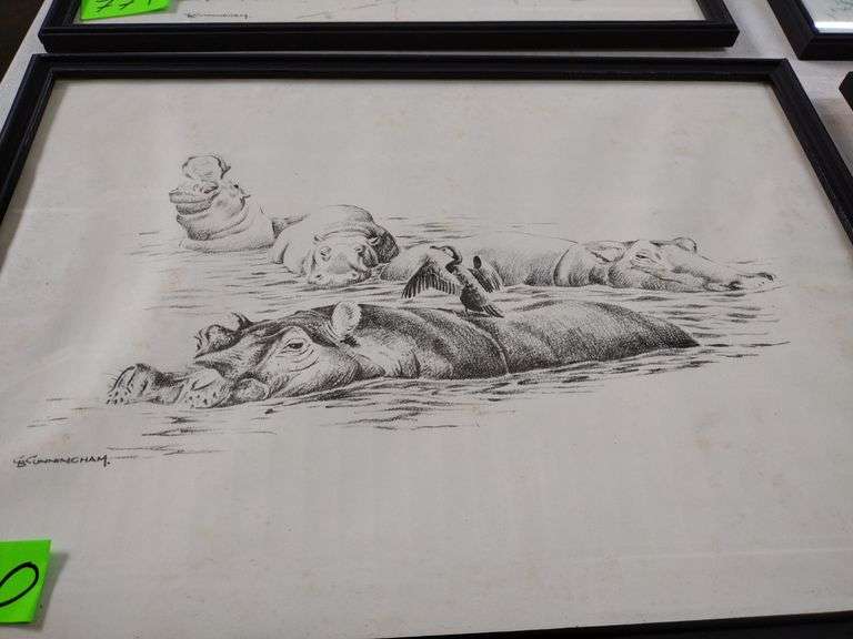 12"x17" Framed Pencil Sketch by GB Cunningham - Hippopotamus Herd