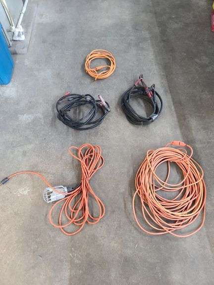 Three Extension Cords, Various Lengths, One with Shop Light and Two Jumper Cables